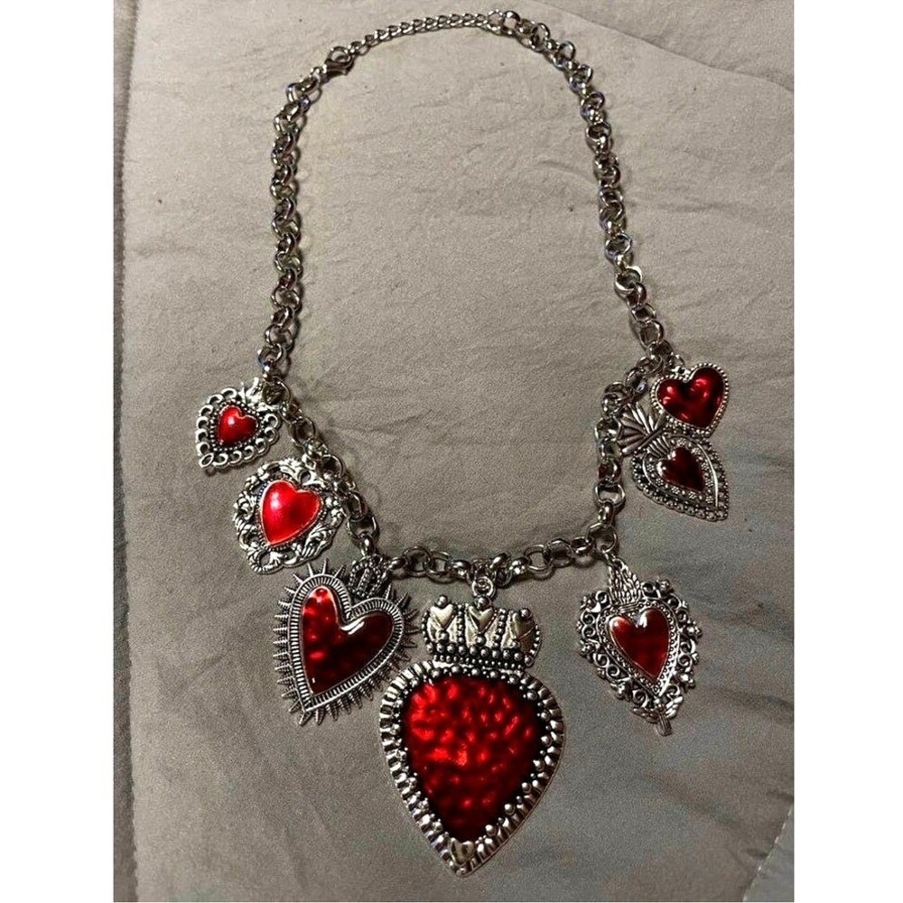 New Red Corazon Sagrado Sacred Heart‎ Charm Necklace Chunky Religious Spanish